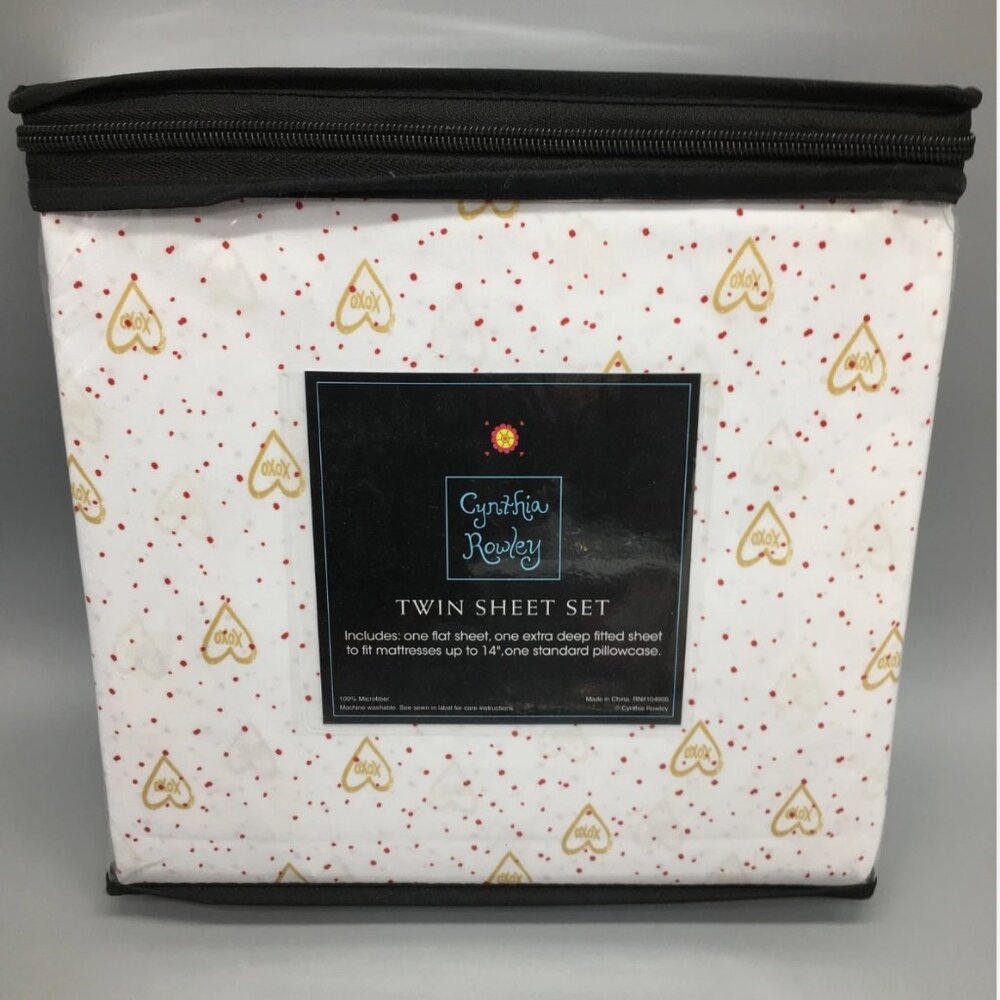 3pc Cynthia Rowley TWIN Sheet Set XOXO Gold Hearts Valentine Hugs Kisses Red Dot